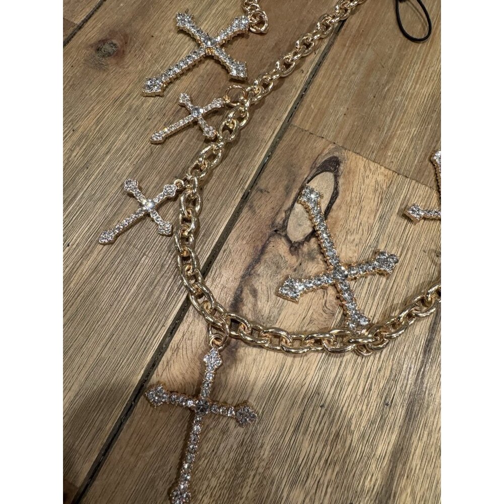 NOIR Belt Long Rope Link Chain CZ Cross Goldtone Adjustable XL Extra Large NEW - Picture 12 of 13
